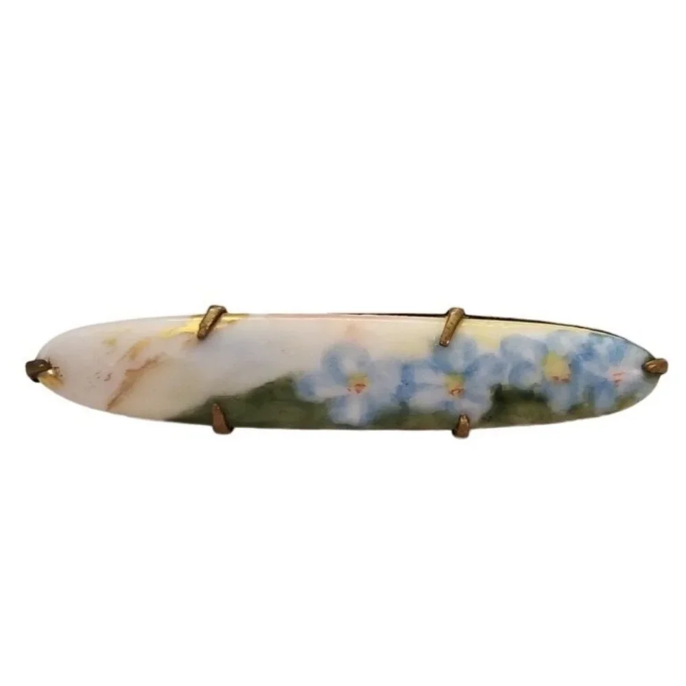 Blue Flower Oval Victorian Style Porcelain Bar Pin Brooch L55